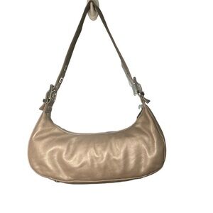 PERLINA Crescent Shaped Light Metallic Gray Leather Shoulder Bag